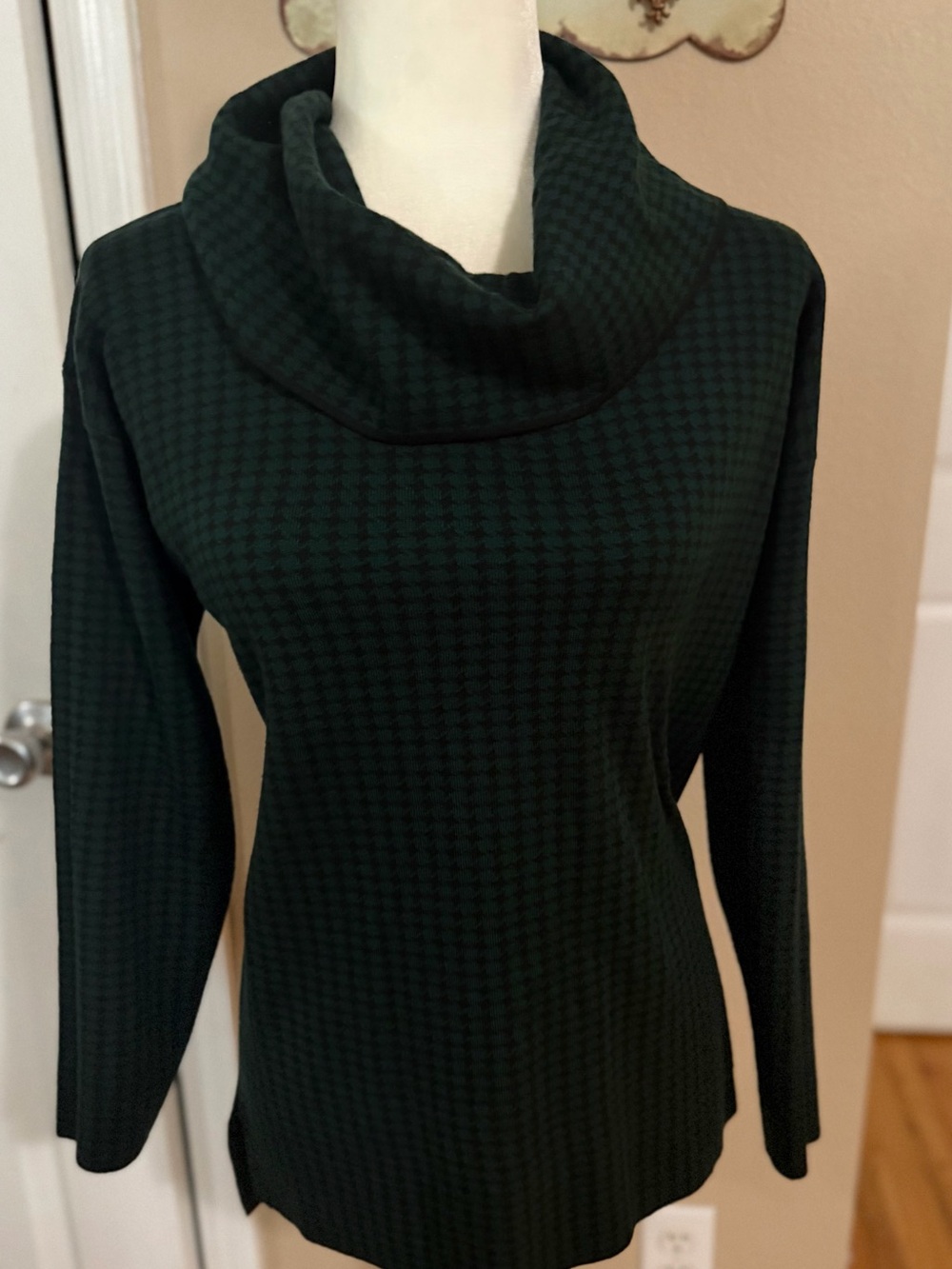 Calvin Klein Dark Green Houndstooth Cowl Neck Sweater